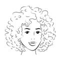 Woman face with curly hair, black outline on white background