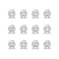 Woman face with different expressions line icons. Female profile outline emoji. Happy, sad, and angry woman vector