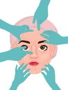 Woman face and doctors hands in gloves. Lifting, plastic surgery vector illustration. Female face with surgical marking