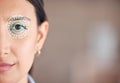 Woman, face and eye scan in cybersecurity, verification or biometrics at office on mockup space. Closeup portrait of