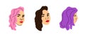 Woman face. Female heads different angles view, various hair colors pink purple and brunette, social media user avatars, fashion