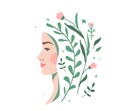 Woman face with floral flower elements vector background. Ecology beauty, nature cosmetology concept design. Profile Royalty Free Stock Photo