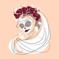 Woman face in flower wreath and sugar skull makeup vector minimal art illustration.Dia de los muertos poster Royalty Free Stock Photo