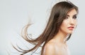 Woman face with hair motion on white background isolated Royalty Free Stock Photo