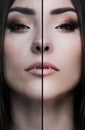 Woman face, half digitaly retouched , before and after, Asian woman or mixed race Royalty Free Stock Photo