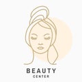 Woman face for logo, label, badge, emblem. Pretty lady wrap towel. Beauty center sign for cosmetics, jewellery, beauty