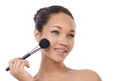 Woman, face and makeup brushes for beauty cosmetics, blush or skincare against a white studio background. Female person