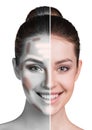 Woman face before and after makeup.