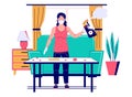 Woman in face mask, gloves cleaning table surface in living room, flat vector illustration. Home disinfection.