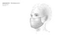 Woman face mask. Infection pneumonia prevention healthcare. 3D low poly female human white banner. Wear surgical medical