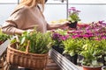 Woman with face mask shopping flowers Royalty Free Stock Photo