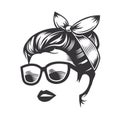 Woman face with messy hair bun and sunglass vector line art illustration