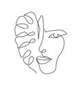 Woman face with monstera leaf continuous line drawing. One line art of females silhouette abstraction with plants.