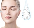 Woman face near water drop with molecules. 3d rendering.