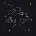 Woman face one line drawing on night sky with stars. Design element for beauty logo, card, fashion apparel print