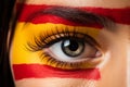 Woman face with painted Spanish flag colors. Spain sign, love, patriotism, sport fan, support for sports team Royalty Free Stock Photo