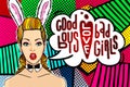 Woman face in pop art style with Bunny ears. Royalty Free Stock Photo