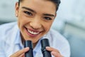 Woman, face and scientist smile with microscope in lab for medical research. Science, portrait and happy female doctor Royalty Free Stock Photo