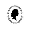 Woman face silhouette in oval floral frame. Lady profile with retro hairstyle