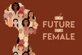 Woman face silhouette in profile with portraits of multicultural and multiethnic women faces inside. The future is female. Woman