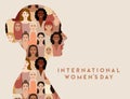 Woman face silhouette in profile with portraits of multicultural and multiethnic women faces inside. International Women s Day