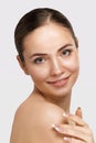 Woman Face Skin Care. Closeup Beautiful Sexy Woman With Perfect Professional Makeup Touching Her Smooth Soft Pure Clean Skin Royalty Free Stock Photo