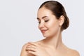 Woman Face Skin Care. Closeup Beautiful Sexy Woman With Perfect Professional Makeup Touching Her Smooth Soft Pure Clean Skin Royalty Free Stock Photo