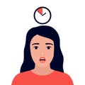 Woman face with surprise emotion and time management concept, people and clock, deadline. Girl hurry, rush to do on work Royalty Free Stock Photo