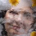Woman face  through transparent ice with dandelions flowers Royalty Free Stock Photo