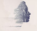 Woman, face and tree with double exposure and nature, creativity and environment with mockup space. Art abstract, female