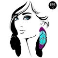 Woman face. Vector fashion portrait of pretty girl with blue eyes and color feather Royalty Free Stock Photo