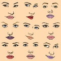 Woman face vector female facial portrait of beautiful girl fashion faced care and beautiful women facing makeup set