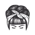 Woman face with vintage hairband bun hairstyles for short hair vector line art illustration