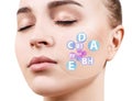 Woman face with vitamins icons. Healthy skin concept.