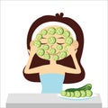 Woman with facial natural mask, cucumber slice, vector