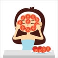 Woman with facial natural mask, tomato slice, vector