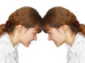 Woman facing her forehead with herself