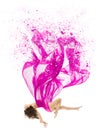 Woman falling down in Pink Chiffon Dress flying on Wind over isolated White. Fashion Beauty Model in Creative Purple Gown Royalty Free Stock Photo