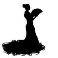 Woman with fan in long dress stay in dancing pose. flamenco dancer Spanish regions of Andalusia, Extremadura Murcia. black silhoue