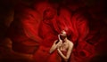 Woman Fantasy, Fashion Model with Red Blindfold Silk Fabric Touching Face, Flowing Waving Art Cloth Background