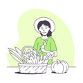 Woman Farmer Character Harvesting Vegetable Crop in Wicker Basket Doing Agricultural Work Vector Illustration