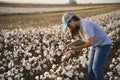 Woman farmer checking quality of the cotton field with tablet