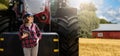 Woman farmer with a digital tablet on the background of an agricultural tractor Royalty Free Stock Photo