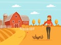 Woman Farmer Feeding Hen Chickens with Grain, Agricultural Industry, Healthy Food Production Vector Illustration