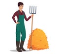 Woman Farmer with Fork and Hay pile character illustration