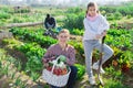 Woman farmer and her teenage daughter holding wicker basket Royalty Free Stock Photo