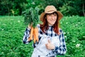 Woman farmer holding a bunch of fresh carrots in a straw hat on a background of green field and garden. Place for text or Royalty Free Stock Photo