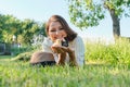 Woman farmer holding in hands two small newborn baby chickens Royalty Free Stock Photo