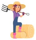 Woman farmer making hay roll with hayfork. Female character