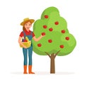 Woman farmer near apple tree holding ripe red apple and smiling with bucket of vegetables. Farming concept illustration